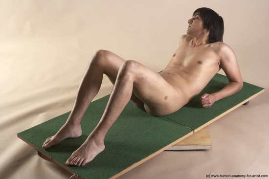 Nude Man White Laying poses - ALL Slim Medium Brown Laying poses - on back Realistic