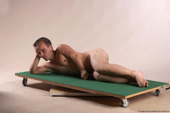 Nude Man White Laying poses - ALL Slim Short Brown Realistic