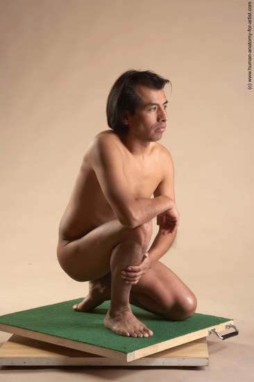 Nude Man Another Kneeling poses - ALL Slim Short Kneeling poses - on both knees Black Realistic