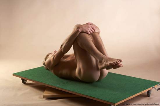 Nude Man White Laying poses - ALL Slim Short Brown Laying poses - on back Realistic