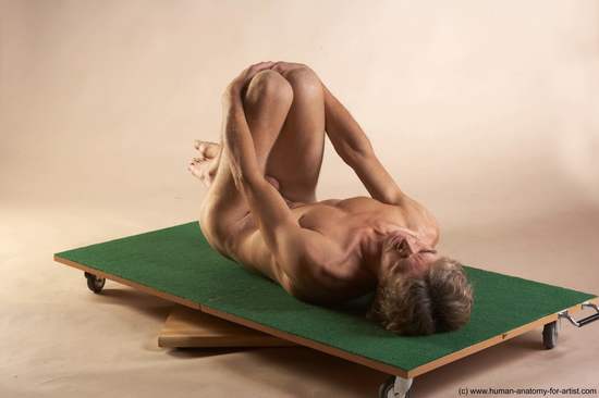 Nude Man White Laying poses - ALL Slim Short Brown Laying poses - on back Realistic