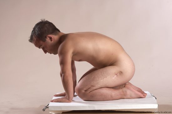 Nude Man White Kneeling poses - ALL Slim Short Brown Kneeling poses - on both knees Realistic