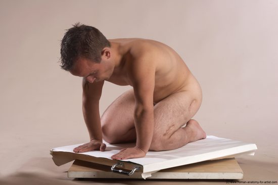 Nude Man White Kneeling poses - ALL Slim Short Brown Kneeling poses - on both knees Realistic