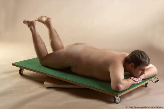 Nude Man White Laying poses - ALL Overweight Short Brown Laying poses - on back Realistic