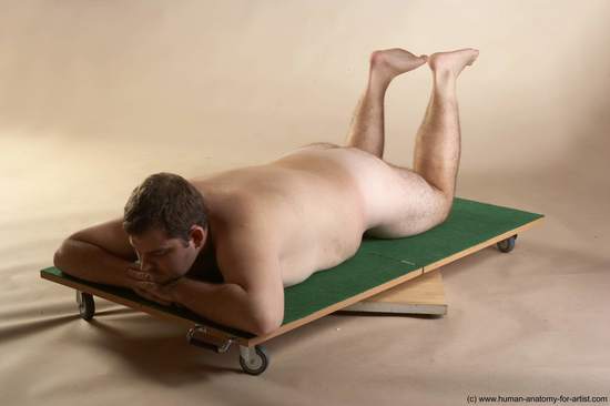 Nude Man White Laying poses - ALL Overweight Short Brown Laying poses - on back Realistic