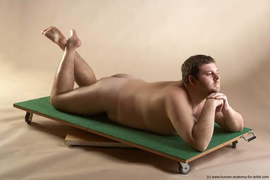 Nude Man White Laying poses - ALL Overweight Short Brown Laying poses - on back Realistic