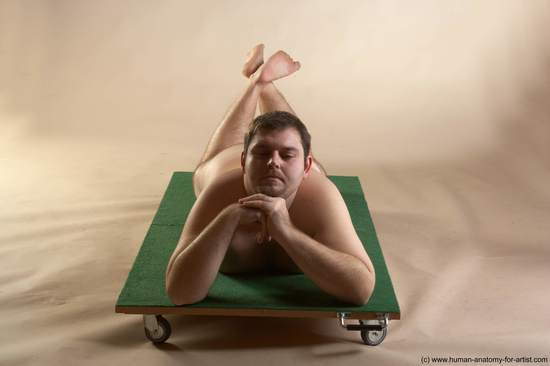 Nude Man White Laying poses - ALL Overweight Short Brown Laying poses - on back Realistic