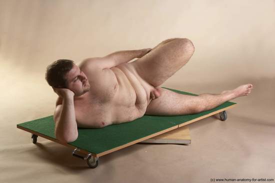 Nude Man White Laying poses - ALL Overweight Short Brown Laying poses - on back Realistic