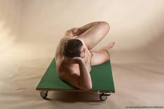 Nude Man White Laying poses - ALL Overweight Short Brown Laying poses - on back Realistic