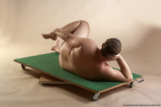 Nude Man White Laying poses - ALL Overweight Short Brown Laying poses - on back Realistic