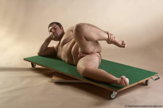 Nude Man White Laying poses - ALL Overweight Short Brown Laying poses - on back Realistic