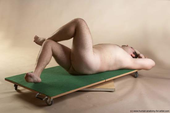 Nude Man White Laying poses - ALL Overweight Short Brown Laying poses - on back Realistic