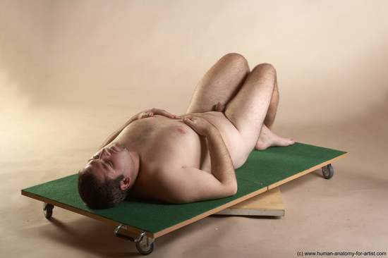 Nude Man White Laying poses - ALL Overweight Short Brown Laying poses - on back Realistic