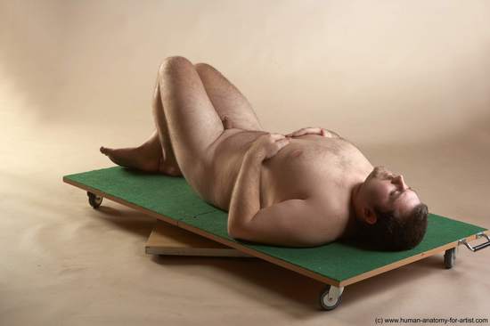 Nude Man White Laying poses - ALL Overweight Short Brown Laying poses - on back Realistic