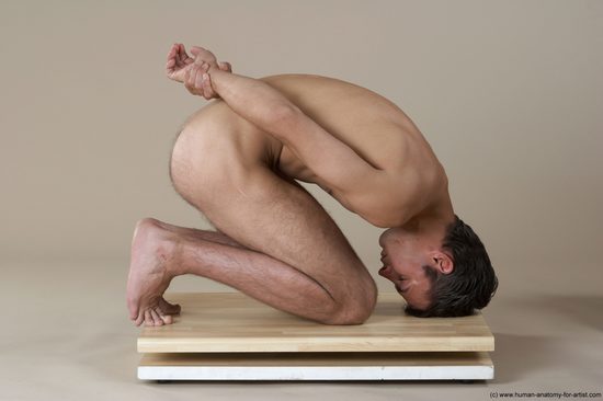 Nude Man White Kneeling poses - ALL Slim Short Kneeling poses - on both knees Black Realistic