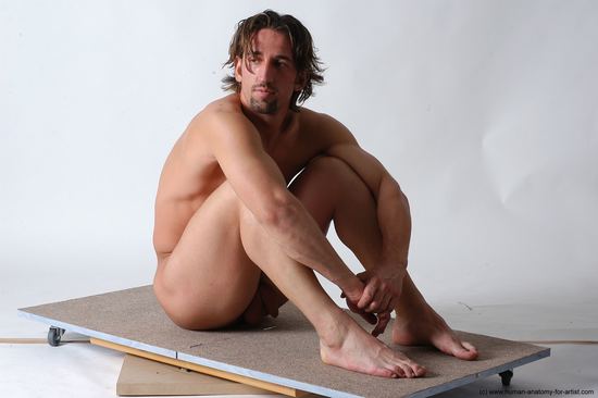 Nude Man White Sitting poses - simple Slim Short Brown Sitting poses - ALL Realistic