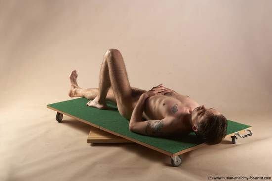 Nude Man White Laying poses - ALL Underweight Short Brown Laying poses - on back Realistic