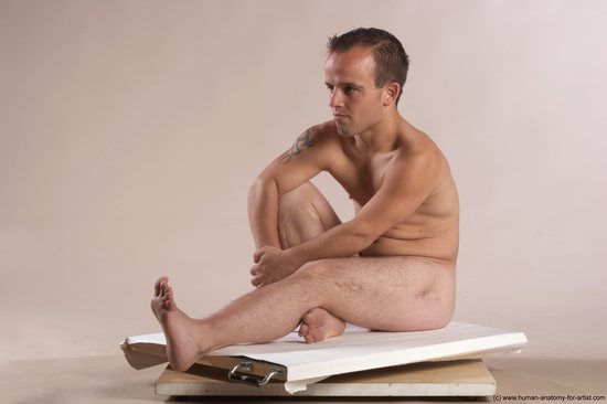 Nude Man White Sitting poses - simple Slim Short Brown Sitting poses - ALL Realistic