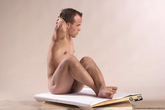 Nude Man White Sitting poses - simple Slim Short Brown Sitting poses - ALL Realistic