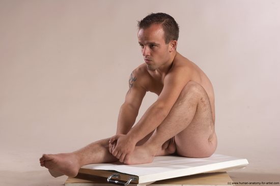 Nude Man White Sitting poses - simple Slim Short Brown Sitting poses - ALL Realistic