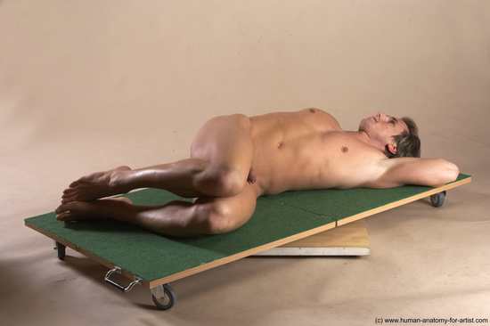 Nude Man White Laying poses - ALL Athletic Short Brown Laying poses - on back Realistic