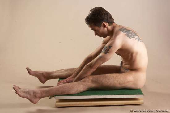 Nude Man White Sitting poses - simple Underweight Short Brown Sitting poses - ALL Realistic