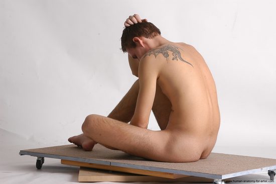 Nude Man White Sitting poses - simple Slim Short Brown Sitting poses - ALL Realistic