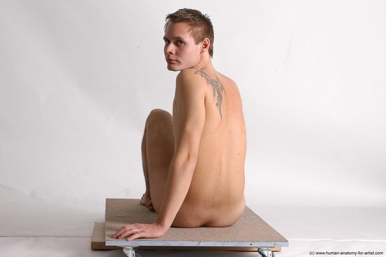 Nude Man White Sitting poses - simple Slim Short Brown Sitting poses - ALL Realistic