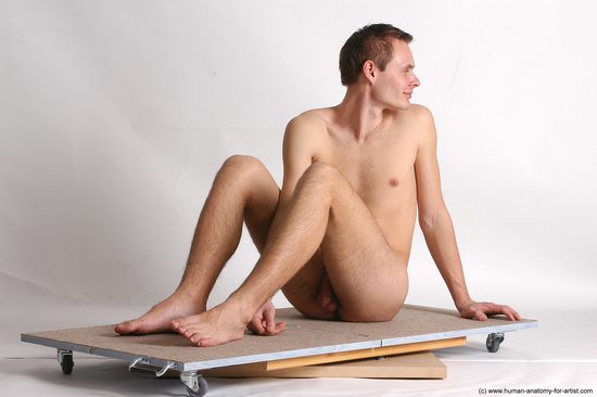 Nude Man White Sitting poses - simple Slim Short Brown Sitting poses - ALL Realistic