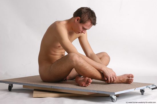 Nude Man White Sitting poses - simple Slim Short Brown Sitting poses - ALL Realistic