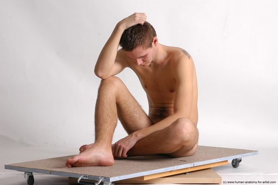 Nude Man White Sitting poses - simple Slim Short Brown Sitting poses - ALL Realistic