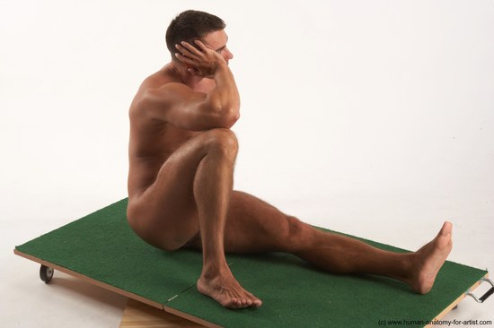 Nude Man White Sitting poses - simple Muscular Short Brown Sitting poses - ALL Realistic