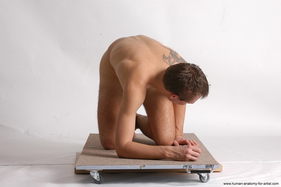 Nude Man White Kneeling poses - ALL Slim Short Brown Kneeling poses - on both knees Realistic