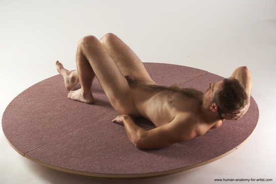 Nude Man White Laying poses - ALL Slim Short Brown Laying poses - on back Realistic