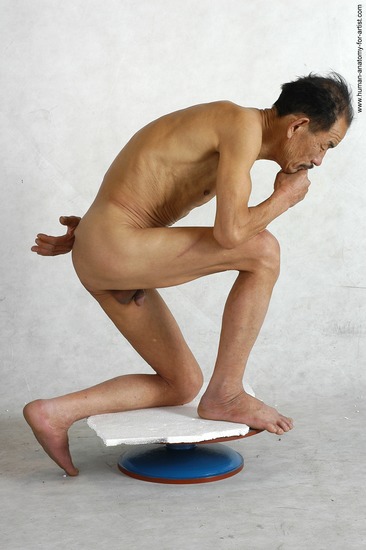 and more Nude Man Asian Kneeling poses - ALL Slim Short Black Realistic