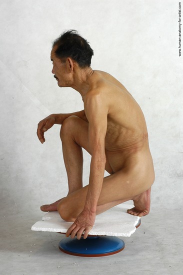 and more Nude Man Asian Kneeling poses - ALL Slim Short Black Realistic