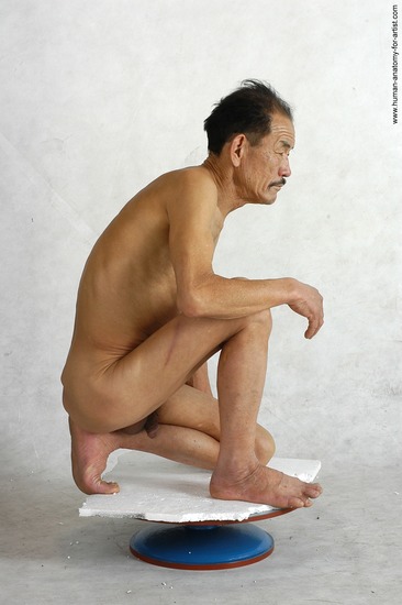 and more Nude Man Asian Kneeling poses - ALL Slim Short Black Realistic