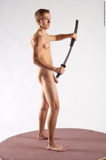 Nude Fighting with sword Man White Standing poses - ALL Athletic Short Brown Standing poses - simple Realistic