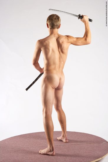 Nude Fighting with sword Man White Standing poses - ALL Athletic Short Brown Standing poses - simple Realistic