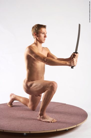 Nude Fighting with sword Man White Kneeling poses - ALL Athletic Short Brown Kneeling poses - on one knee Realistic