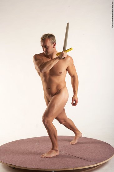 Nude Fighting with sword Man White Standing poses - ALL Muscular Short Blond Standing poses - simple Realistic
