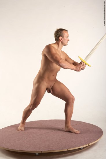 Nude Fighting with sword Man White Standing poses - ALL Muscular Short Blond Standing poses - simple Realistic