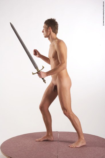 Nude Fighting with sword Man White Standing poses - ALL Slim Short Brown Standing poses - simple Realistic