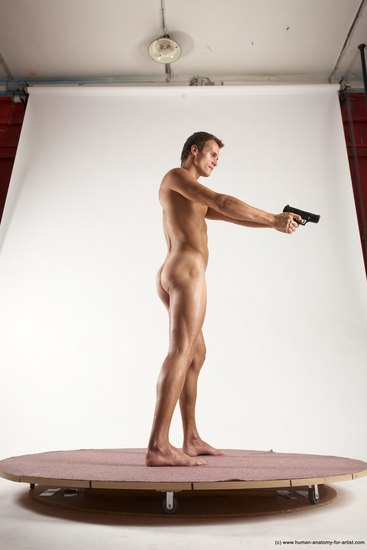 Nude Fighting with gun Man White Standing poses - ALL Athletic Short Brown Standing poses - simple Multi angles poses Realistic