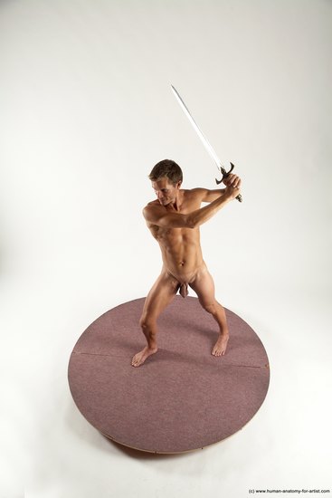 Nude Fighting with sword Man White Standing poses - ALL Athletic Short Brown Standing poses - simple Multi angles poses Realistic