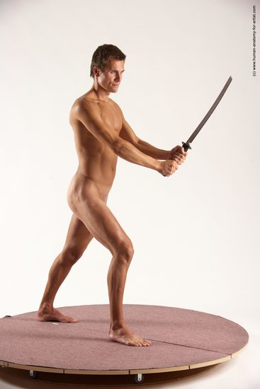 Nude Fighting with sword Man White Standing poses - ALL Athletic Short Brown Standing poses - simple Multi angles poses Realistic