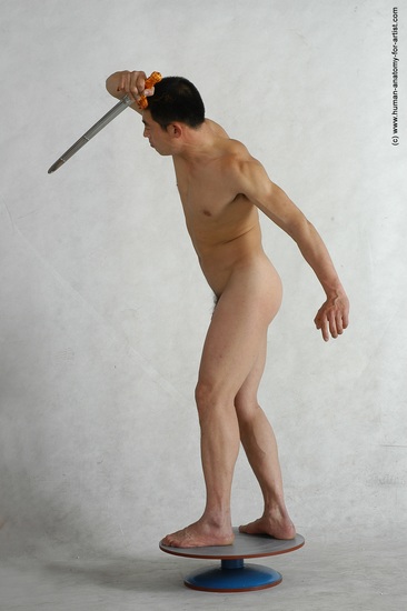 Nude Fighting with sword Man Asian Standing poses - ALL Slim Short Black Standing poses - simple Realistic