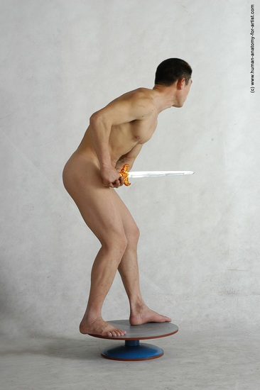 Nude Fighting with sword Man Asian Standing poses - ALL Slim Short Black Standing poses - simple Realistic