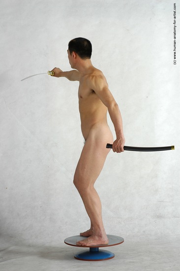 Nude Fighting with sword Man Asian Standing poses - ALL Slim Short Black Standing poses - simple Realistic