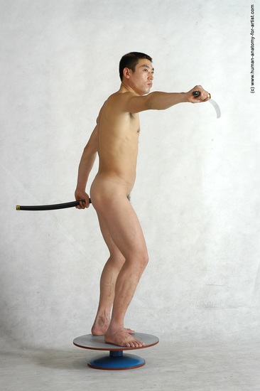 Nude Fighting with sword Man Asian Standing poses - ALL Slim Short Black Standing poses - simple Realistic